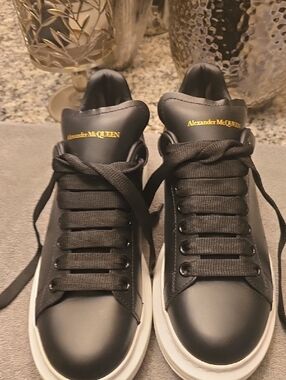 Alexander McQueen Black Leather Sneakers with White Platform and Gold Logo